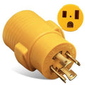 Yellow adapter plug face with two slots and round ground, with exposed blade prongs