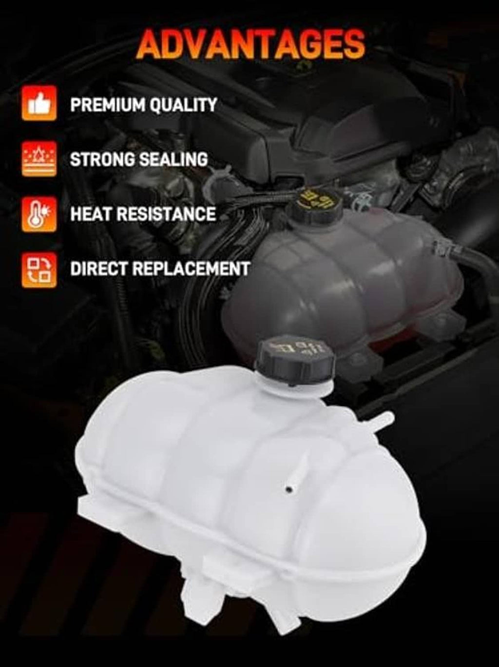 White coolant expansion tank with black cap, angled side view for installation