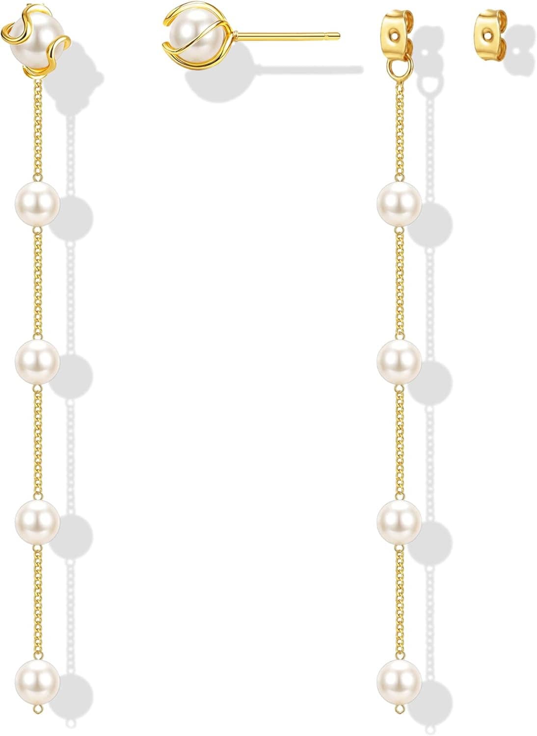 Gold-tone pearl drop earrings with dangling chain and multiple white pearls