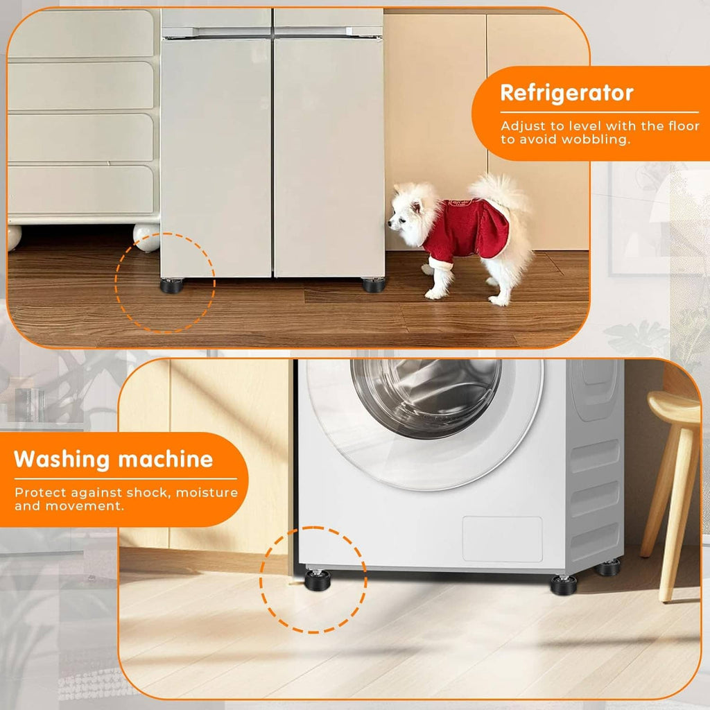 Furniture risers shown protecting refrigerator and washing machine legs on flooring