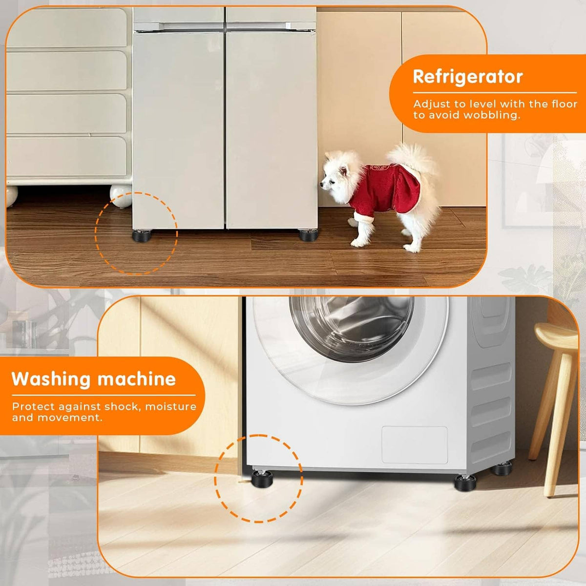 Furniture risers shown protecting refrigerator and washing machine legs on flooring