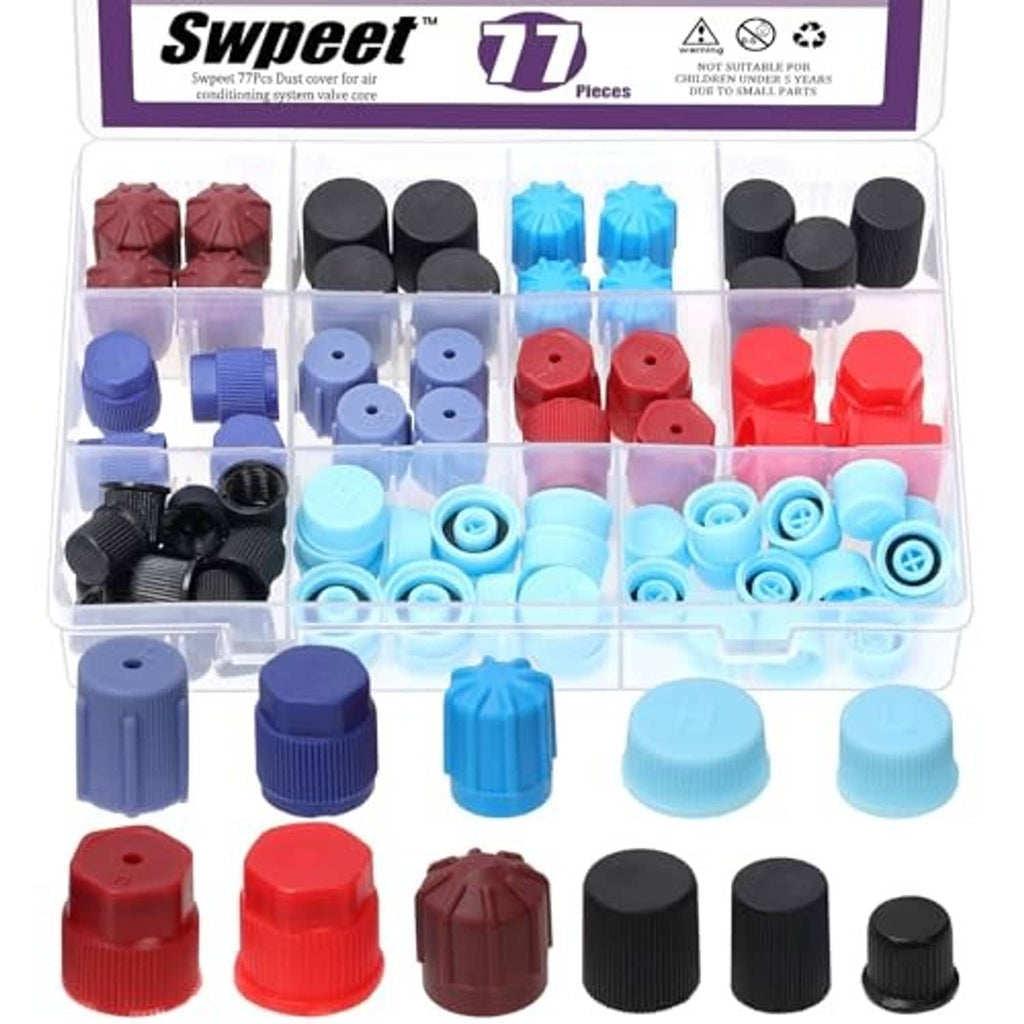 Swpeet 77Pcs A/C valve core caps kit showing multicolor caps arranged in a tray