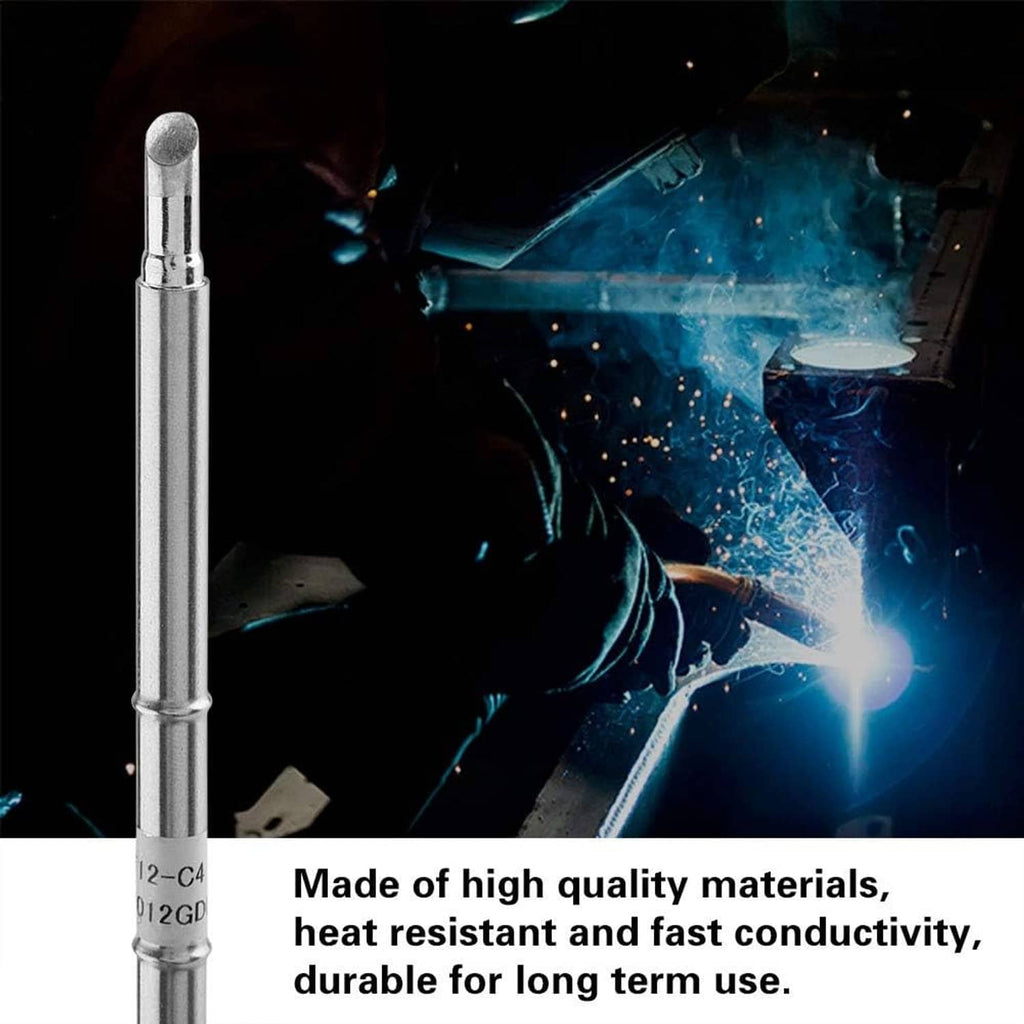 Soldering iron replacement tip with pointed cone shown near a bright welding spark