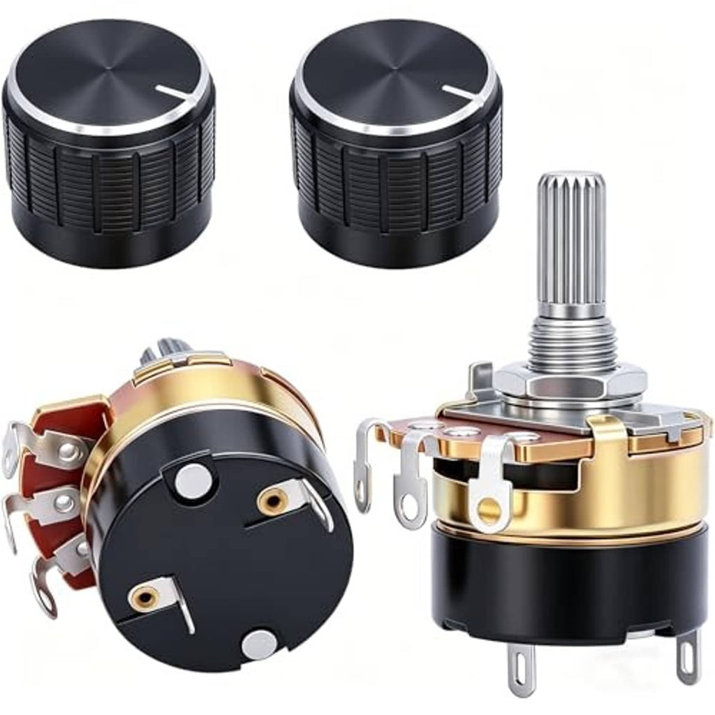 Two black potentiometers with textured round knobs and metal threaded shafts