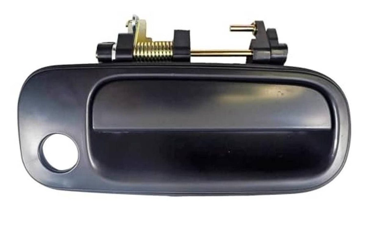 Smooth black exterior door handle, rounded lever with exposed spring hardware