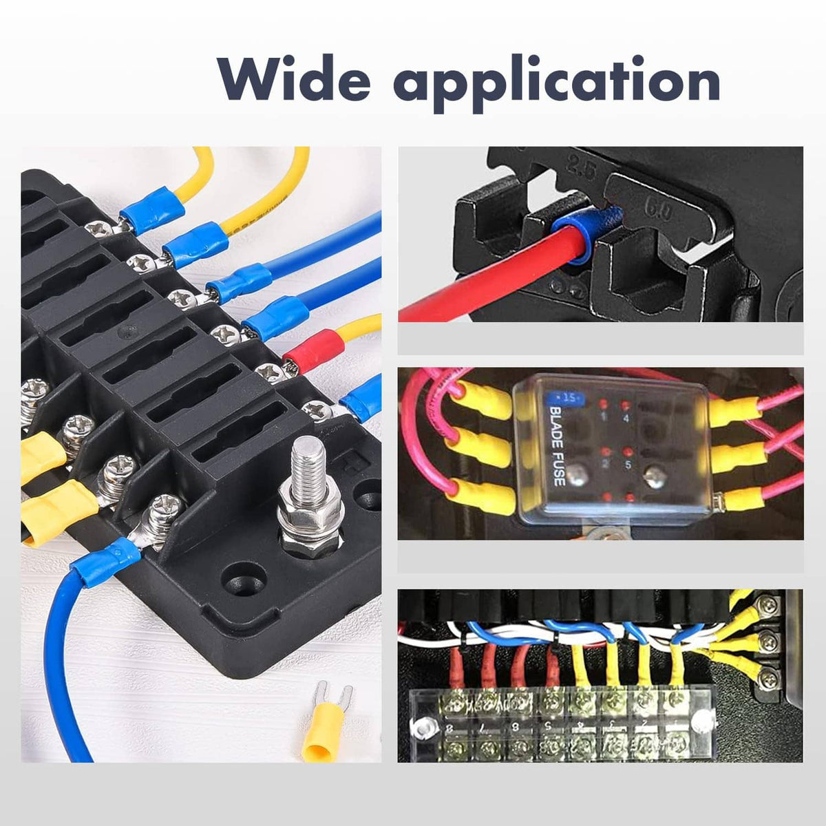 Insulated crimp terminals being installed on a wiring block with multiple blue and red wires