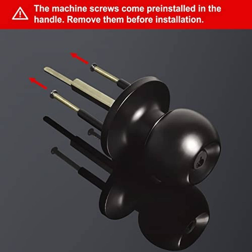 Matte black keyed-alike door knob lockset close-up with preinstalled handle screws
