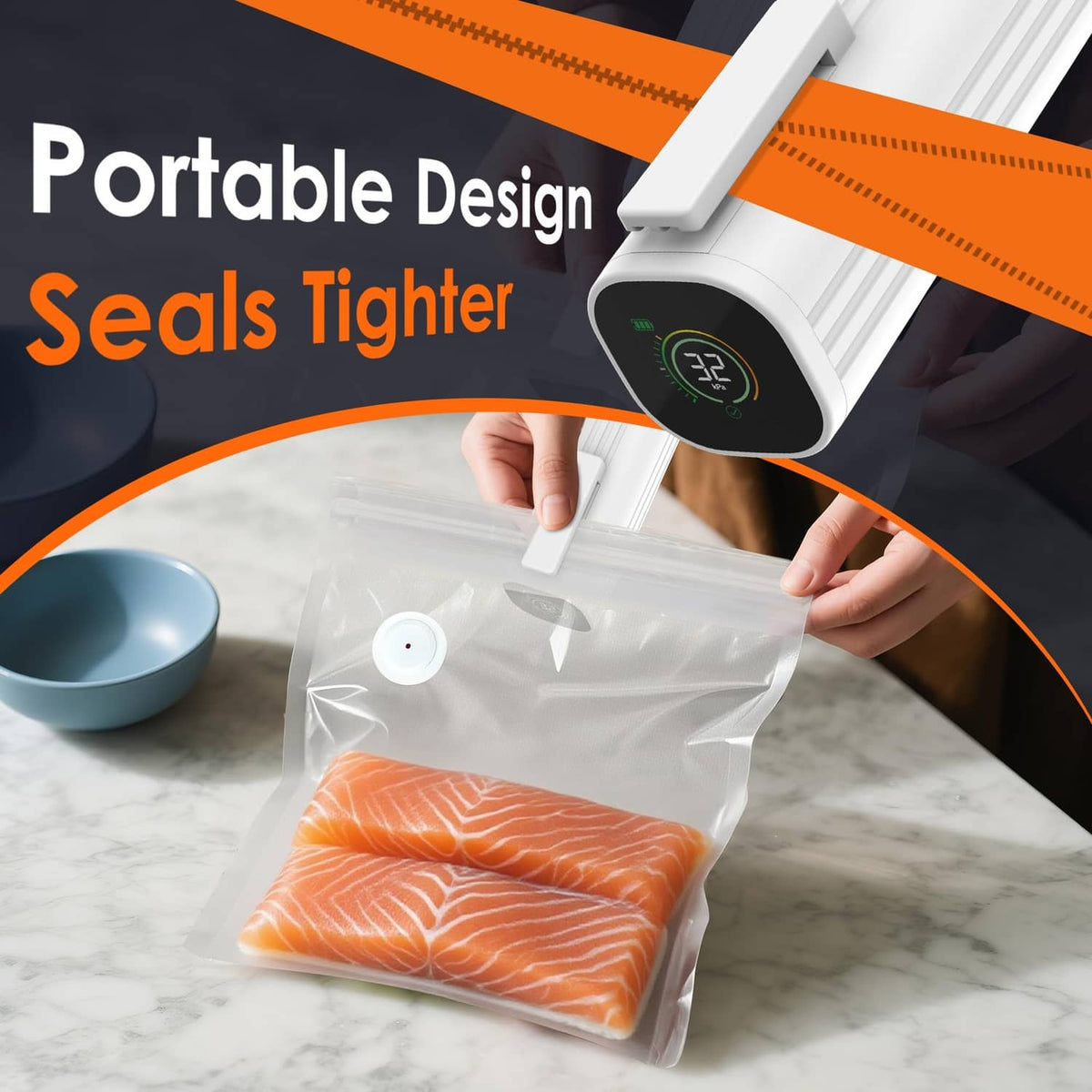 Clear vacuum sealer bag holding salmon, with portable sealer sealing the top