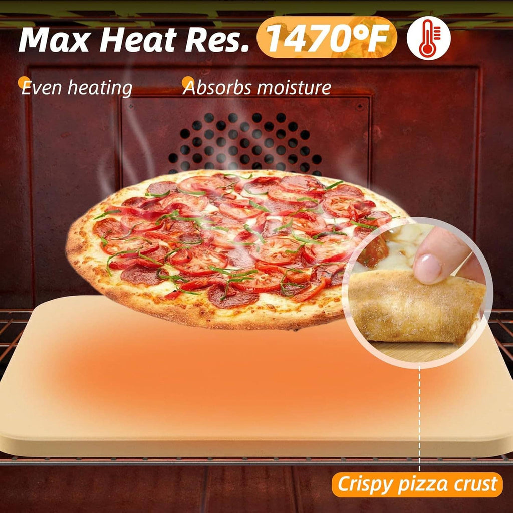 Beige rectangular pizza stone with a pizza baking in an oven