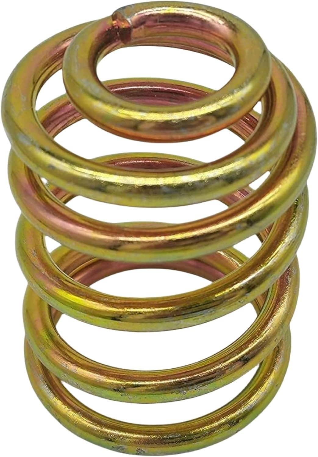 Mower compression seat replacement spring, close-up coiled metal in gold-green with red