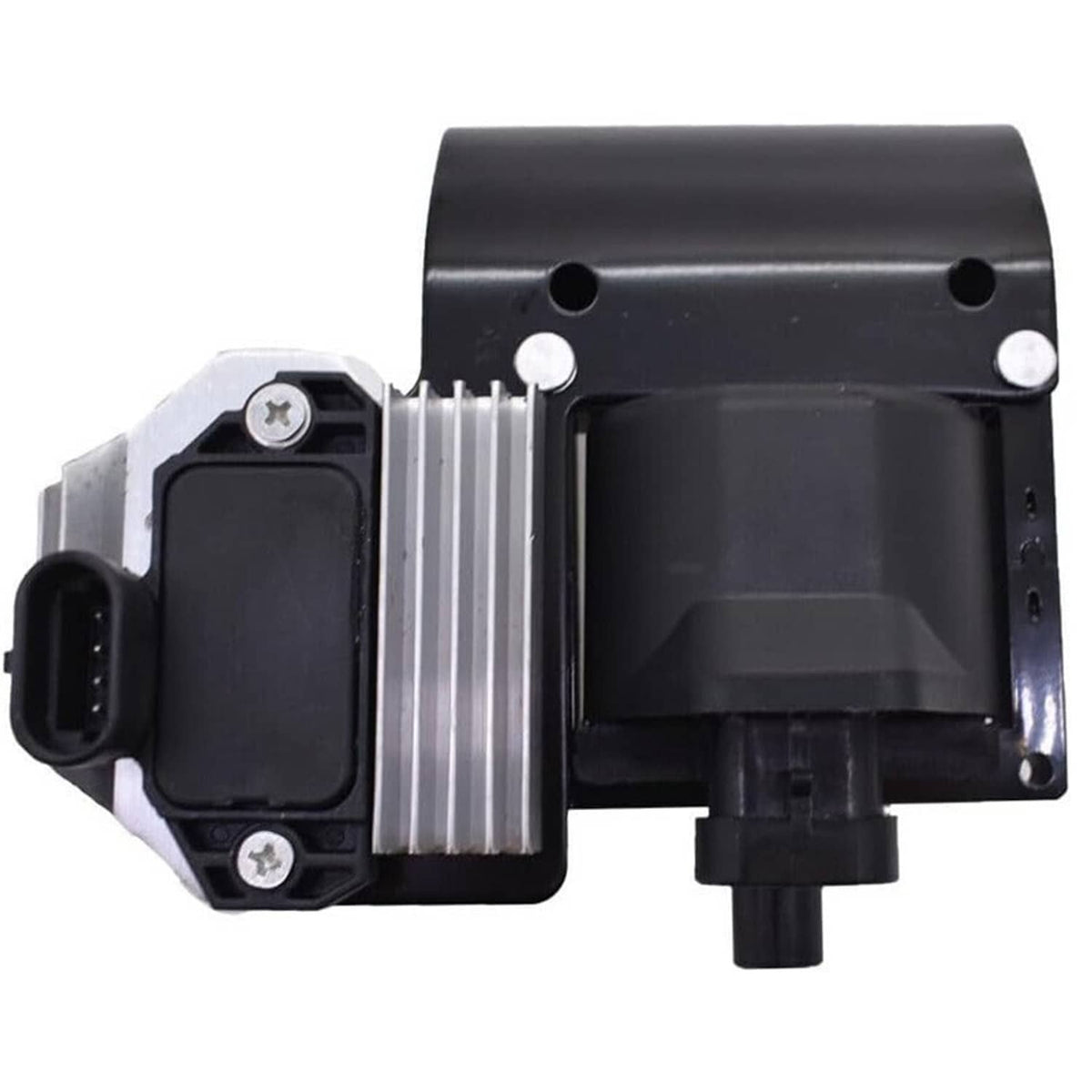 Black ignition coil module with heat sink fins, plastic housing, and outlet port