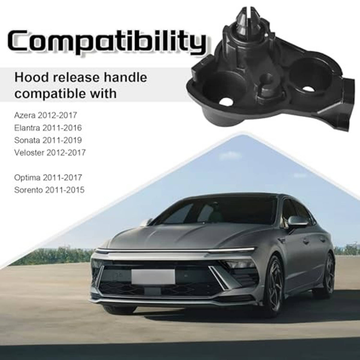 Hood release handle and latch base assembly, black plastic, release post and mounting holes