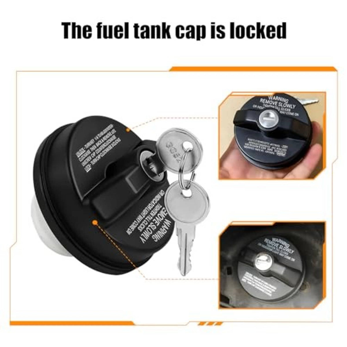 Black locking fuel tank cap with silver key cylinder and two keys