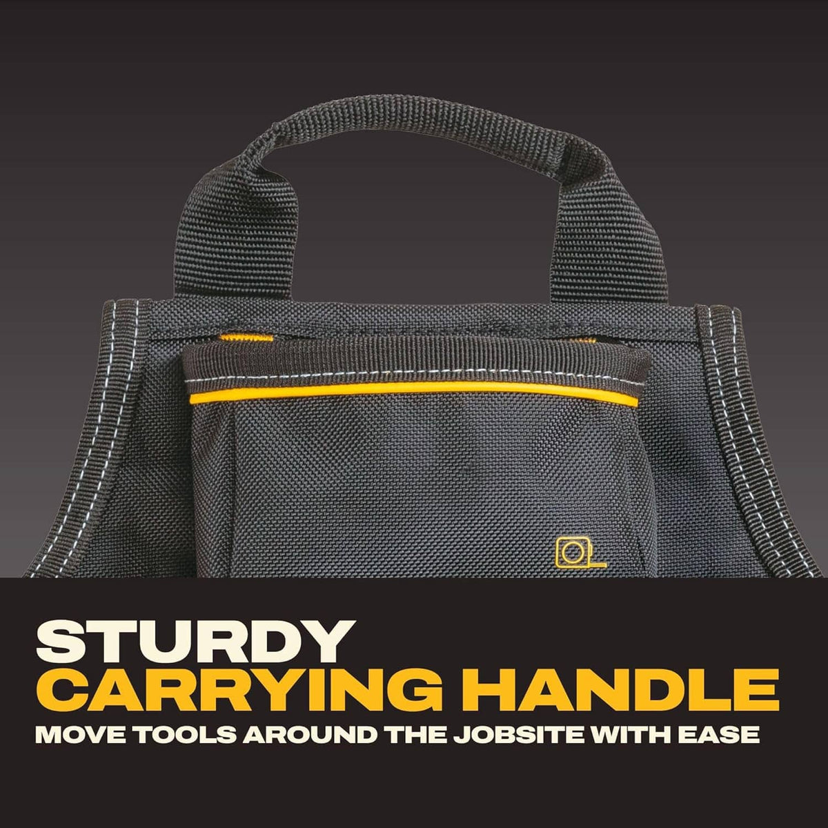 Tool belt pouch with carrying handle, black fabric with yellow trim and front pocket panel