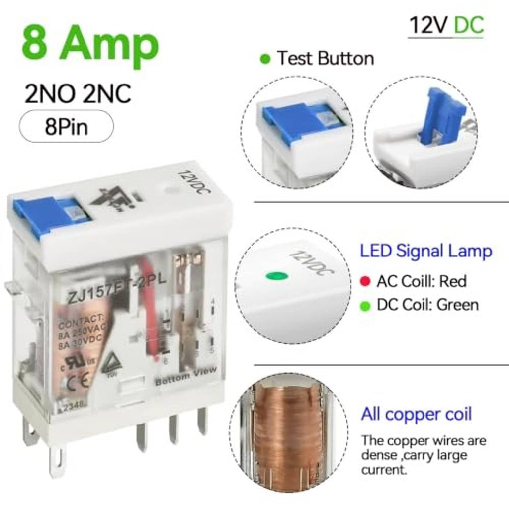 12V DC 8A DPDT relay features graphic: 2NO 2NC, 8-pin, LED signal lamp