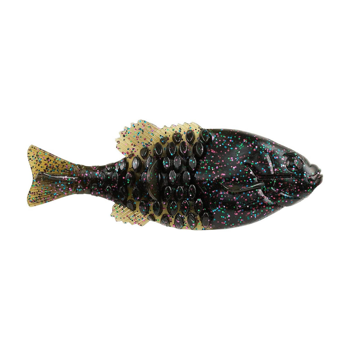 Lifelike soft plastic fishing bait, black with gold flecks, gilled split-tail design