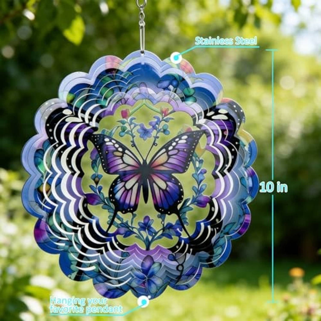 10 in metal butterfly wind spinner with purple-blue layered discs and butterfly center, stainless chain.