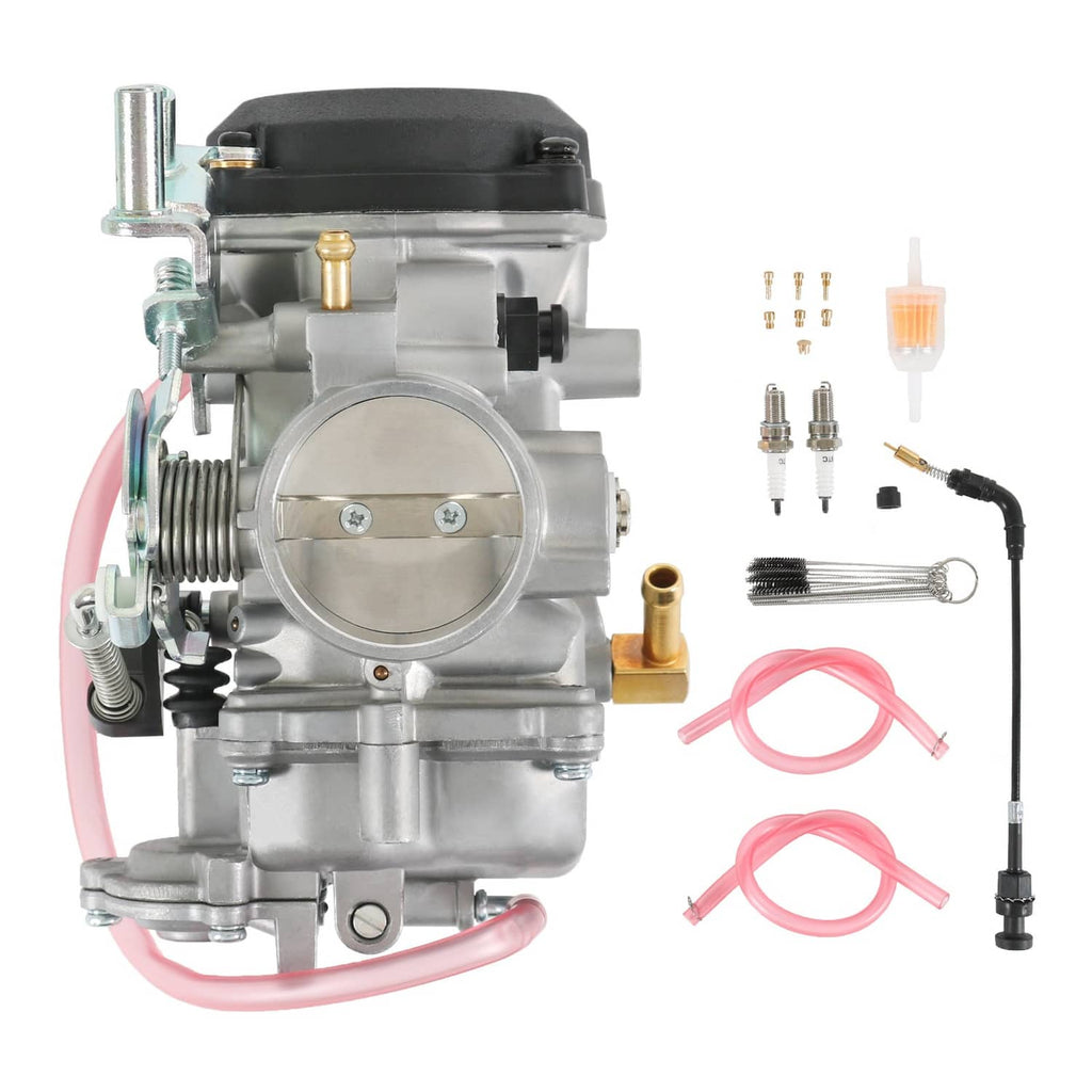 Carburetor set with throttle body, red fuel lines, jets, spark plugs, and fuel line
