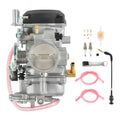 Carburetor set with throttle body, red fuel lines, jets, spark plugs, and fuel line