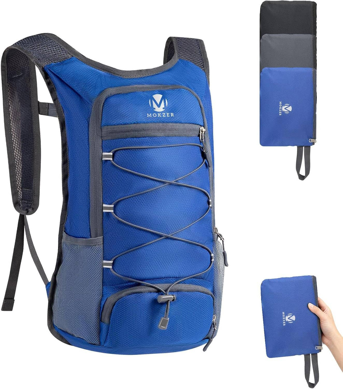 Blue small hiking backpack with padded shoulder straps and front zip pockets
