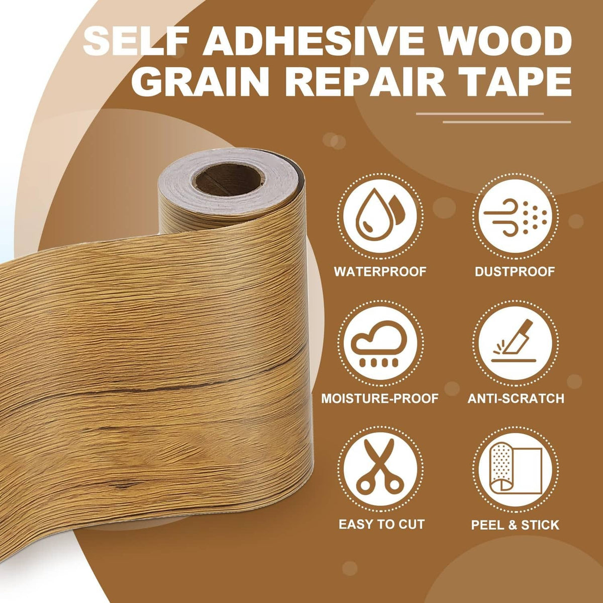 Yellow teak wood grain self-adhesive repair tape roll with protective feature icons