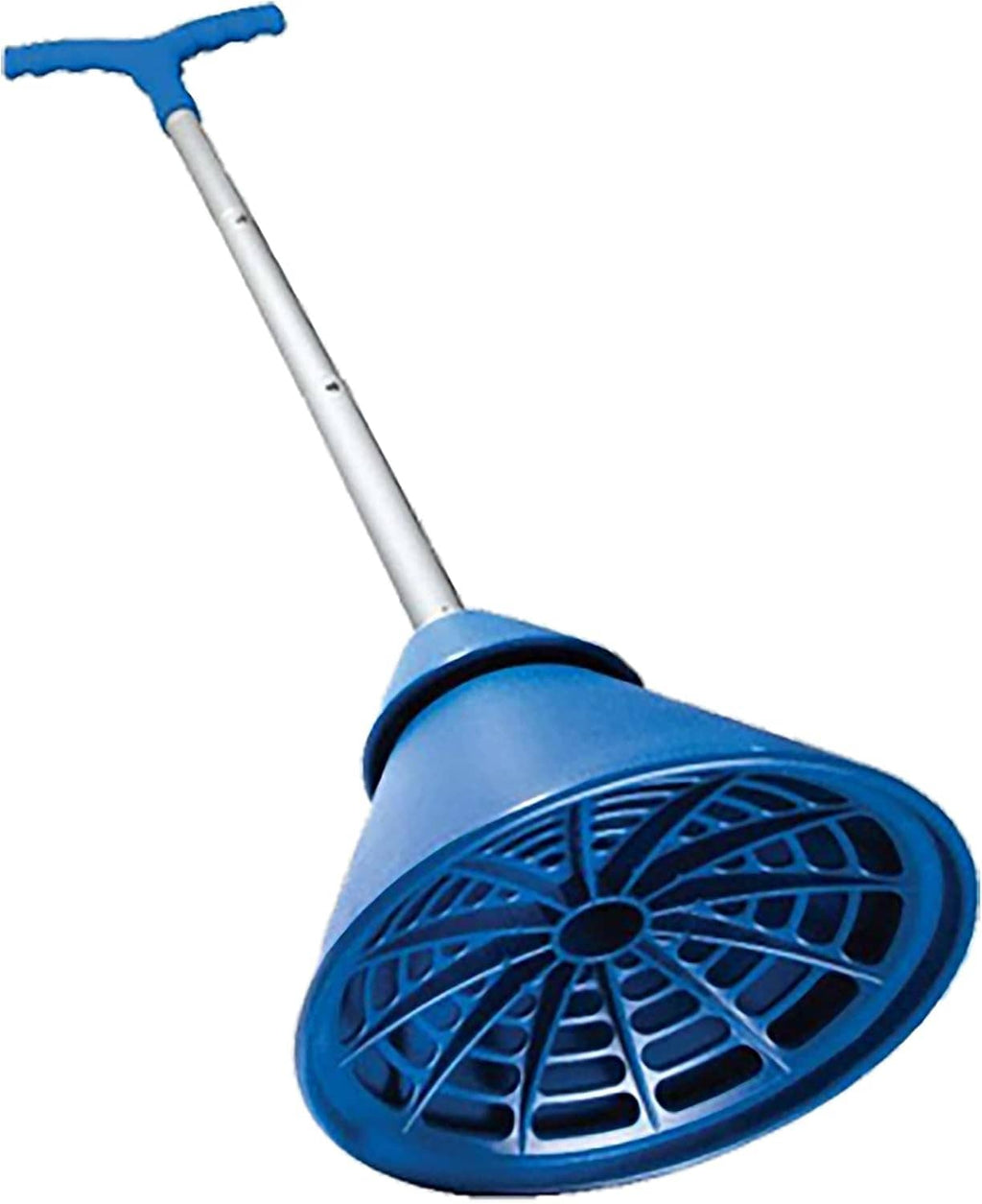 Blue hand-powered laundry washing machine drum with gray handle and circular perforated base