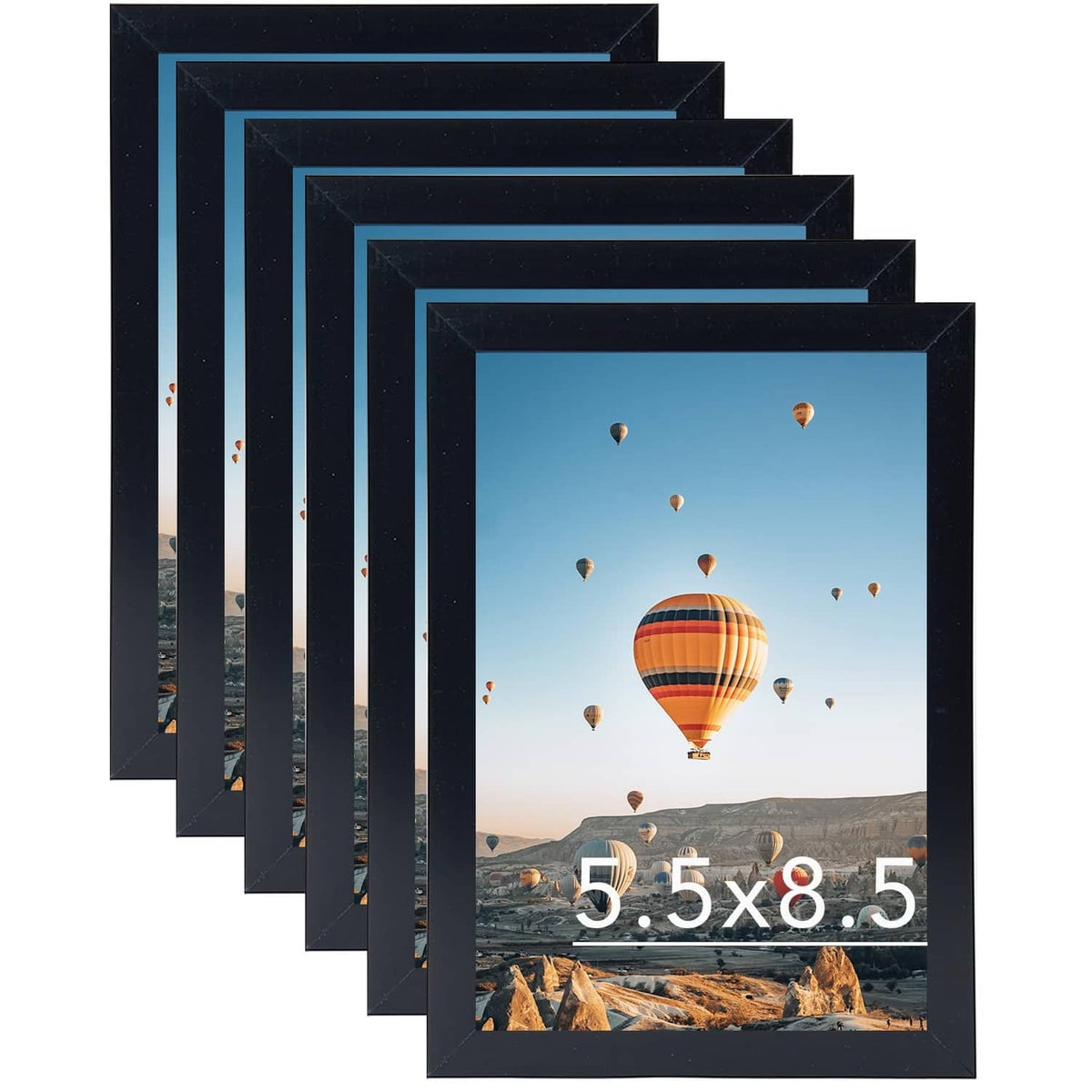 Black photo frame set of 6 with landscape images inside, stacked view