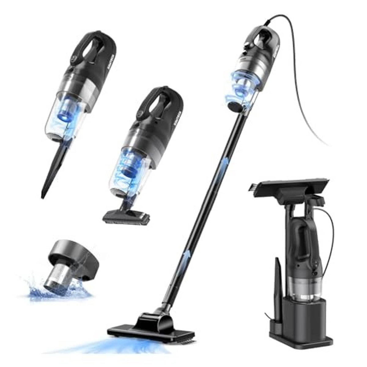 Corded stick vacuum cleaner kit with stick wand, floor nozzle, and handheld nozzle.