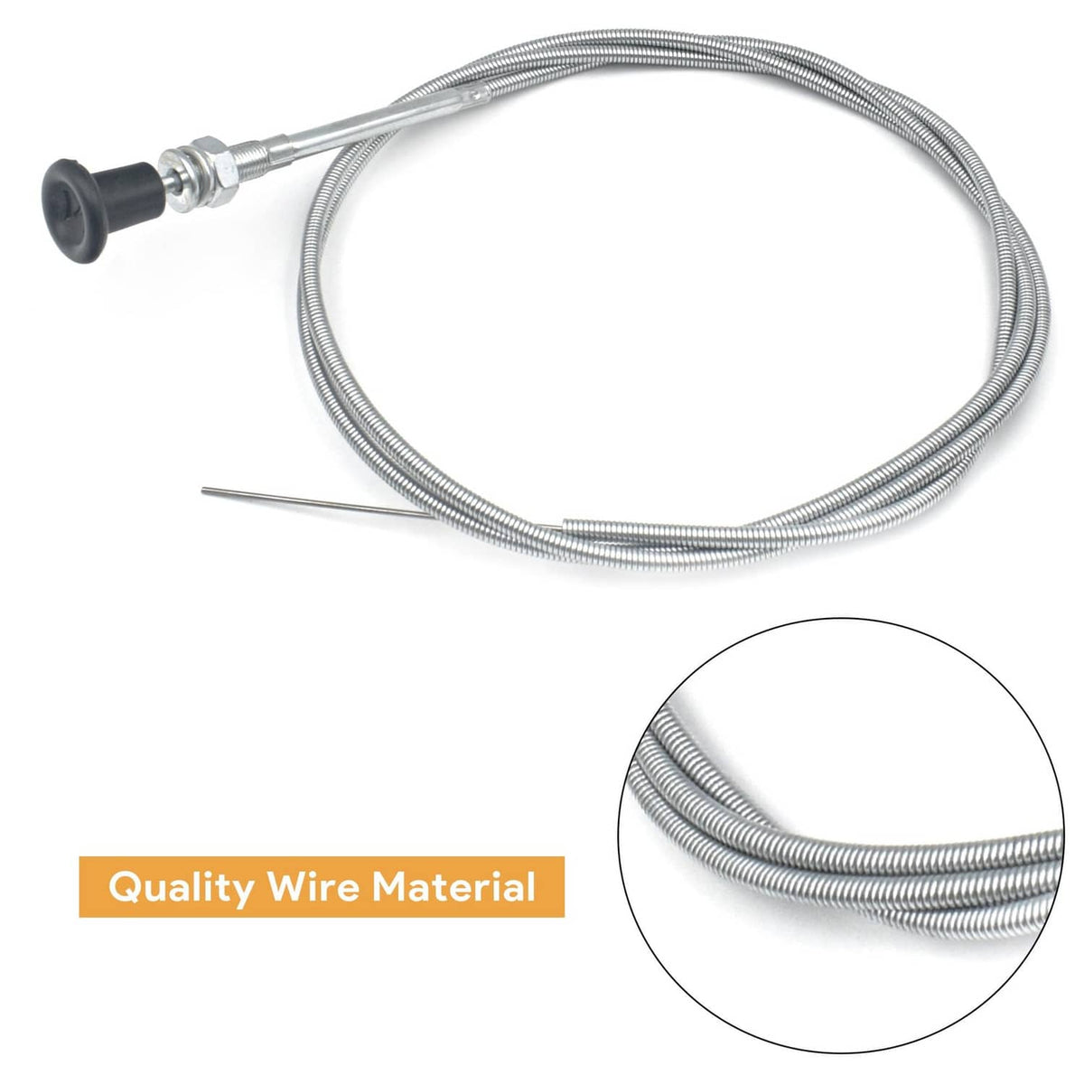 Rotary choke control cable, silver wire conduit with black rubber boot; close-up