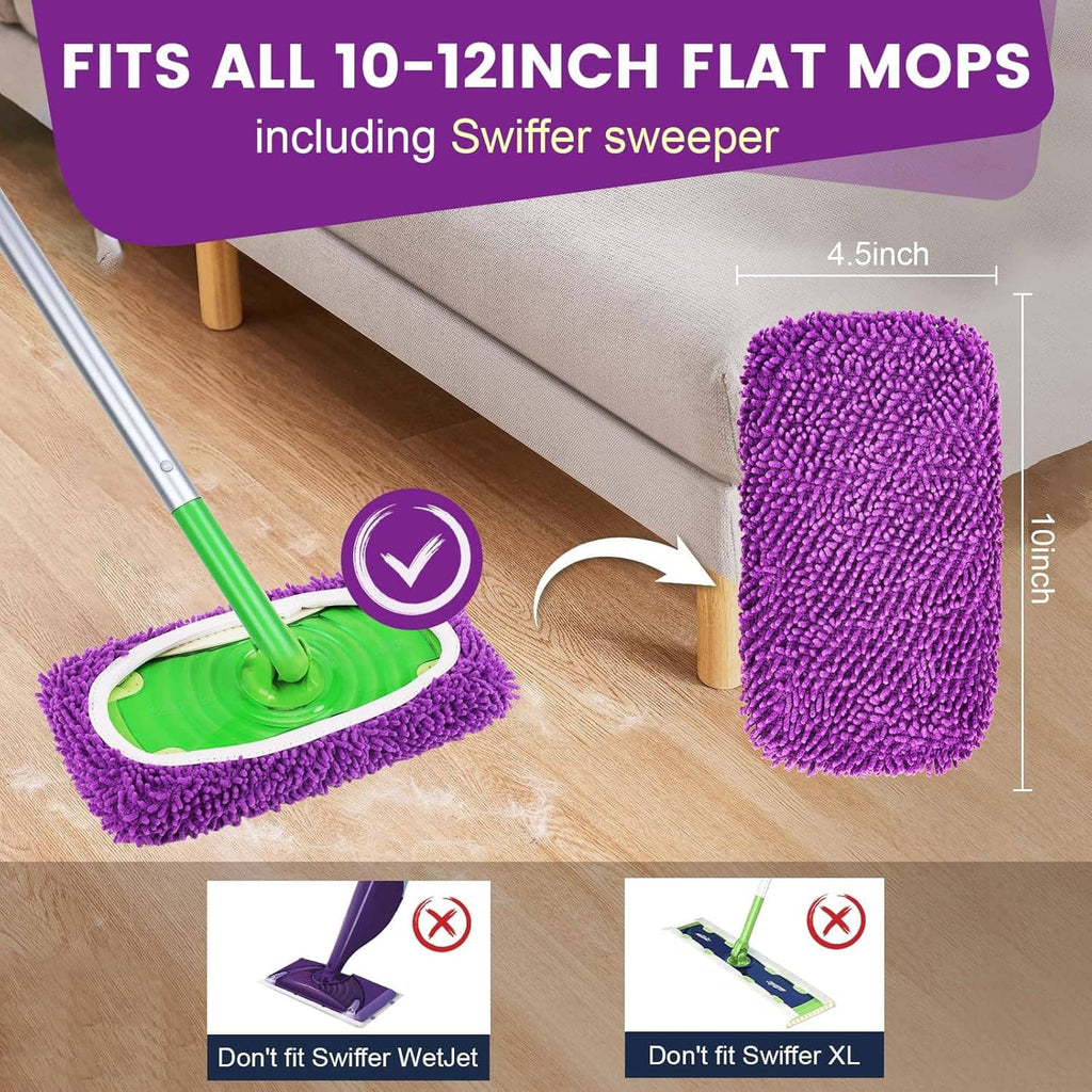 Purple microfiber flat mop pads set with one pad shown on a green mop head