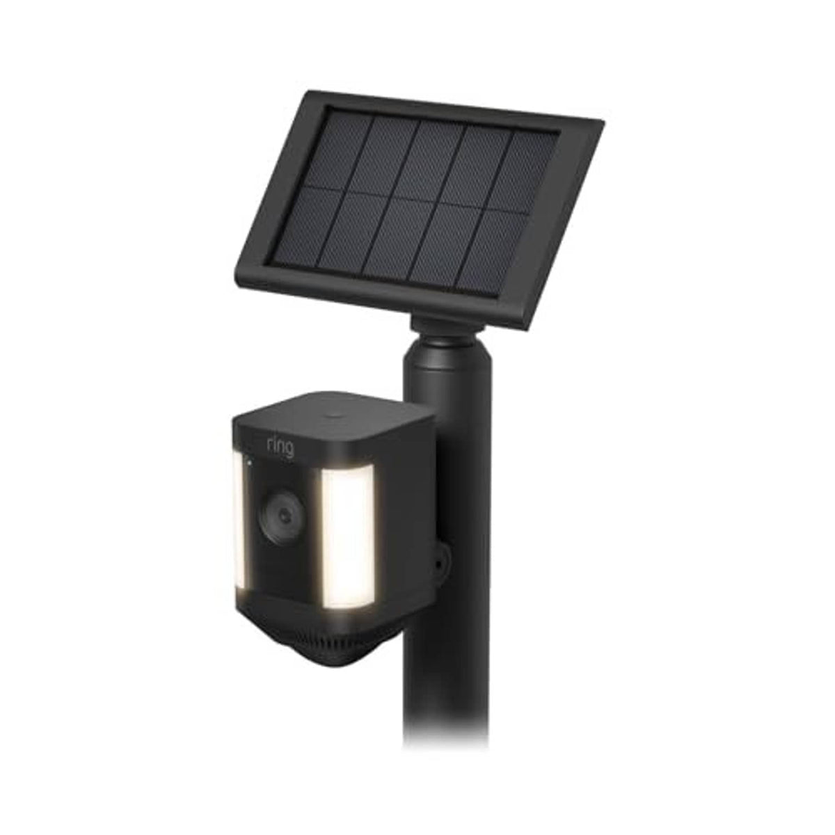 Black solar panel and ring camera attached to a stake mount