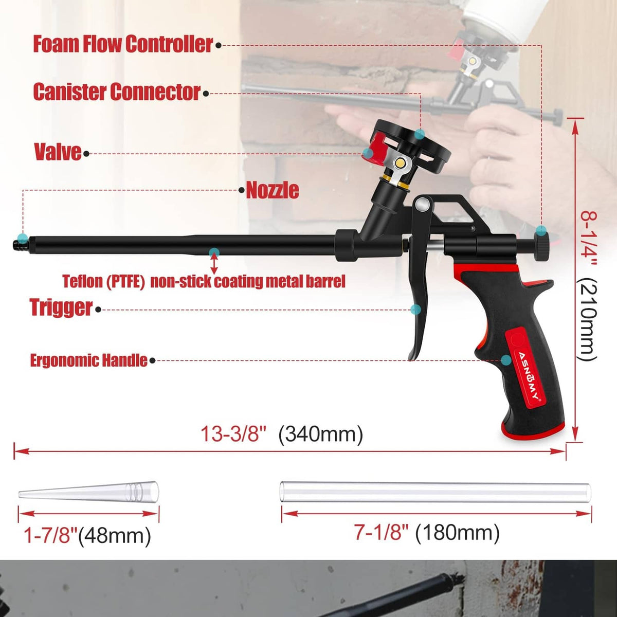 Expanding foam spray gun with trigger, black PTFE-coated barrel, red valve and nozzle