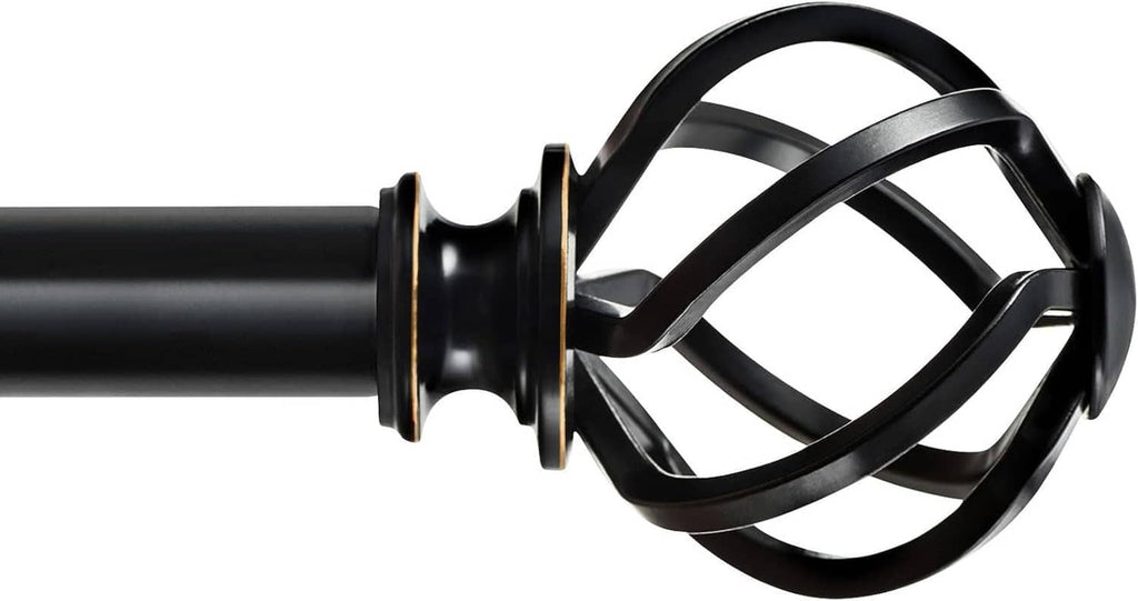 Black twisted cage finial with mounting screw base and attached rod end connector