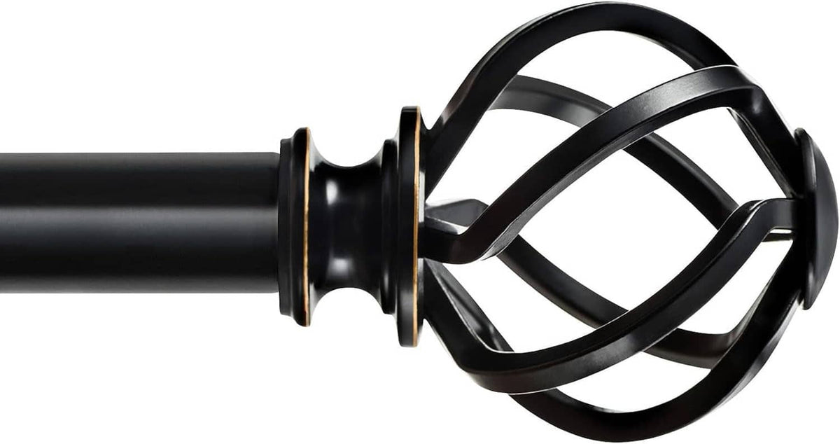 Black twisted cage finial with mounting screw base and attached rod end connector