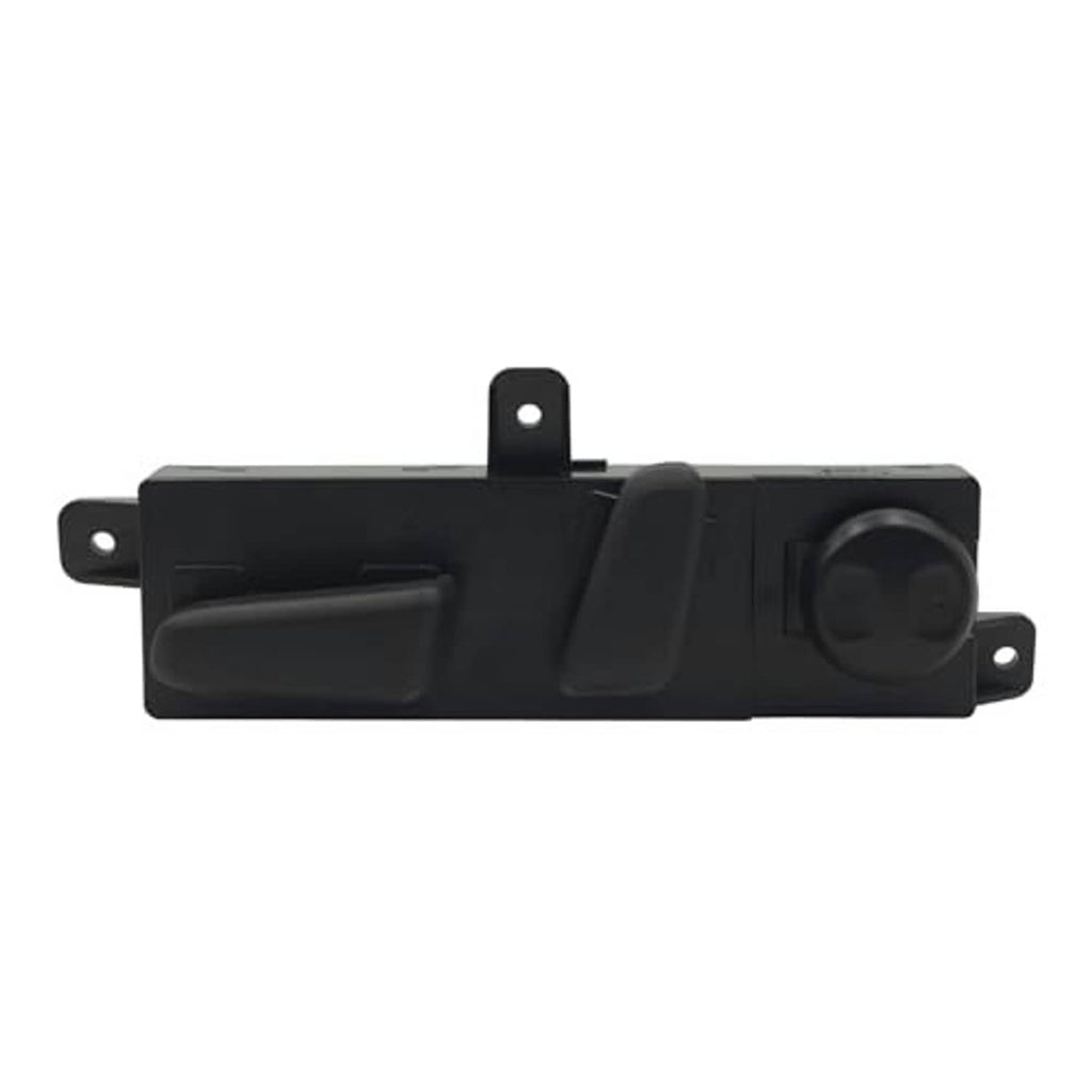 Black power seat switch panel with circular control knob and side mounting brackets.