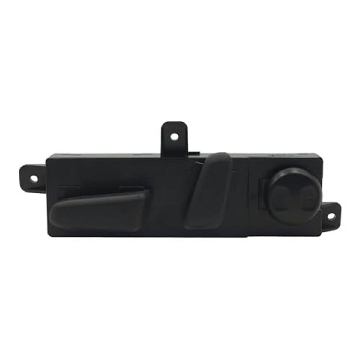 Black power seat switch panel with circular control knob and side mounting brackets.