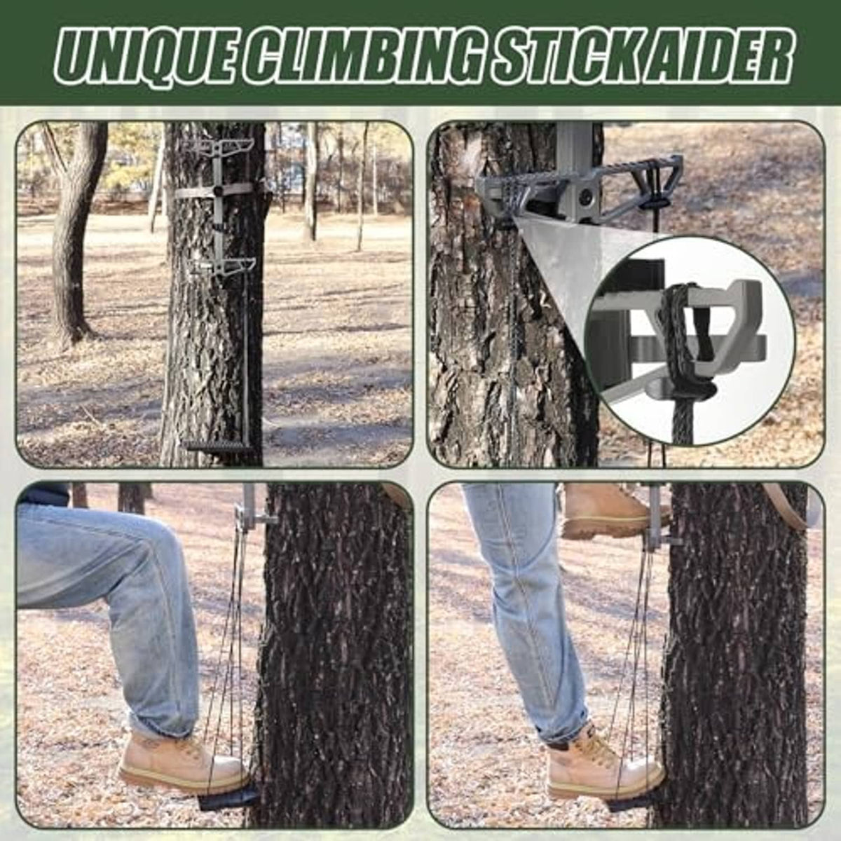 Black single-step tree climbing aider footplate with hanging ropes and boot support