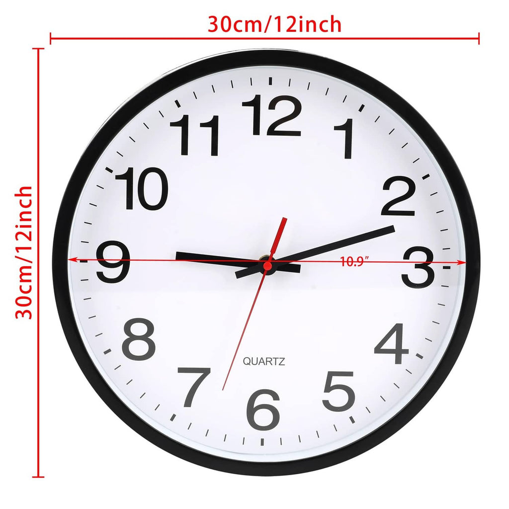Black-framed wall clock with white dial, large numerals, black hour/minute hands, red second.