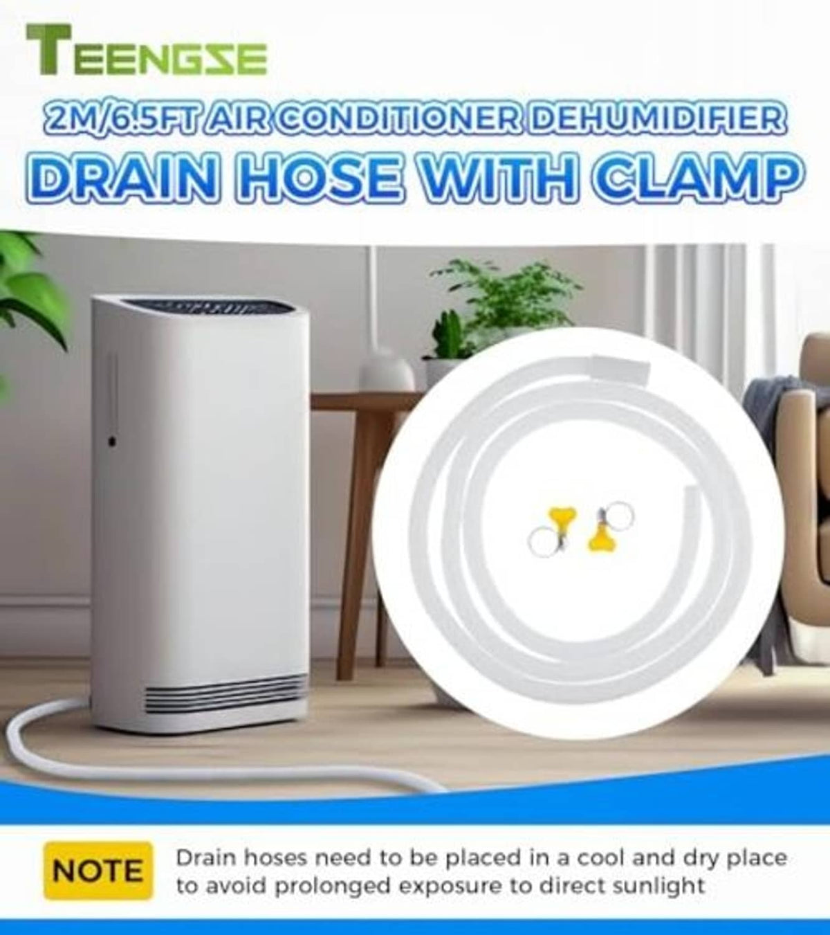 White 2 m drain hose with metal clamp set, coiled and ready for dehumidifier drainage