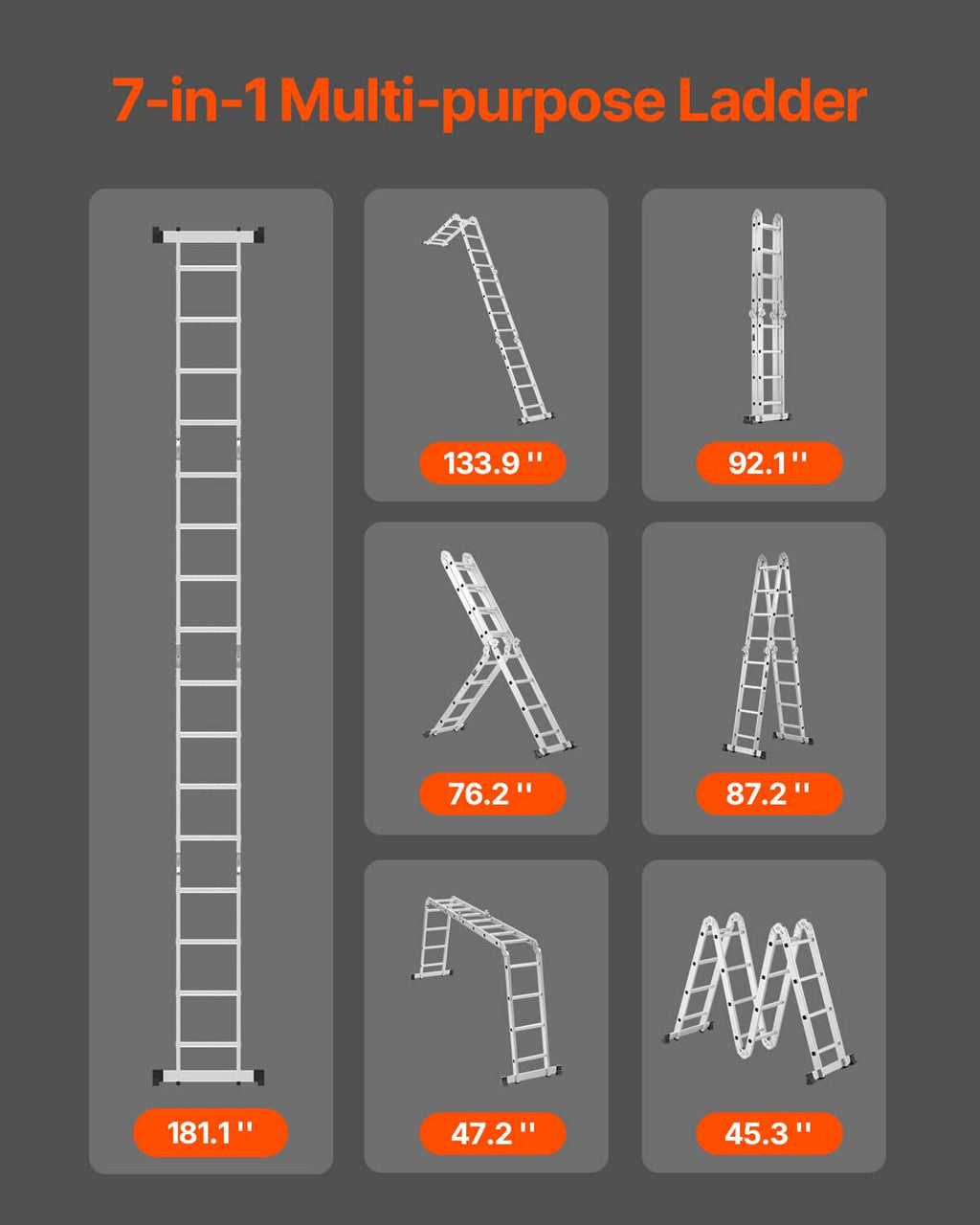 7-in-1 multi-position folding ladder shown in different configurations, white ladder