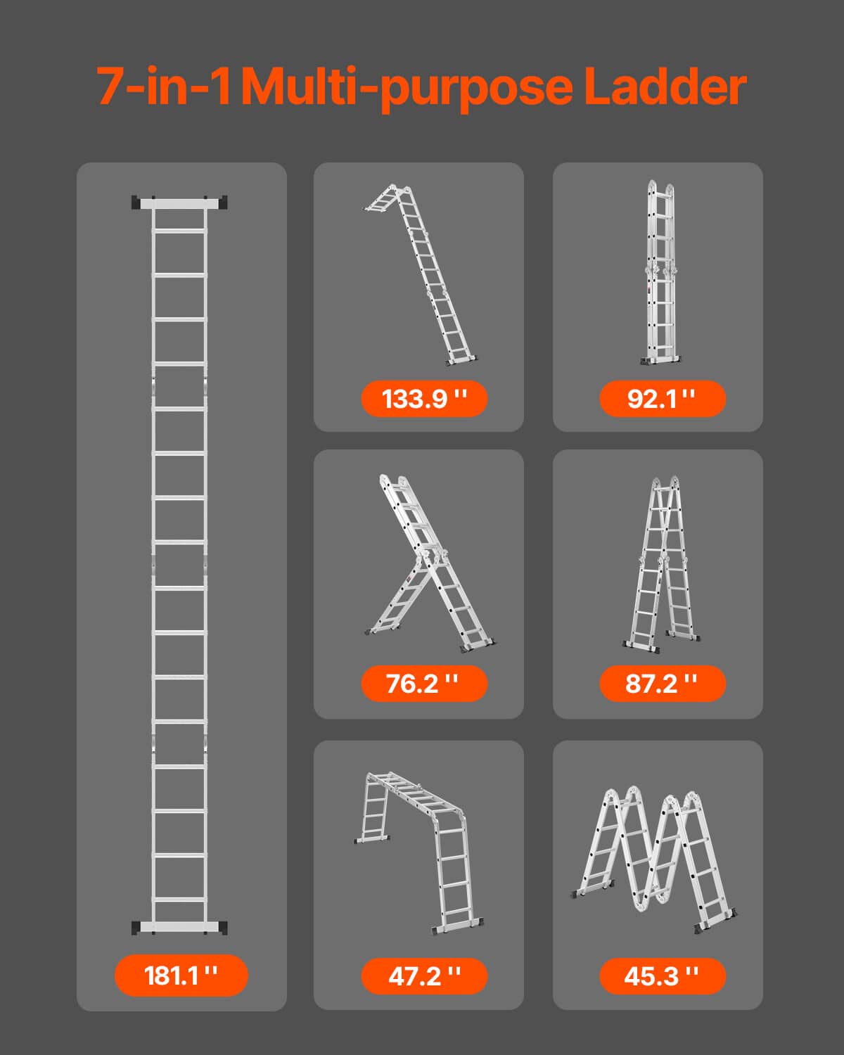 7-in-1 multi-position folding ladder shown in different configurations, white ladder