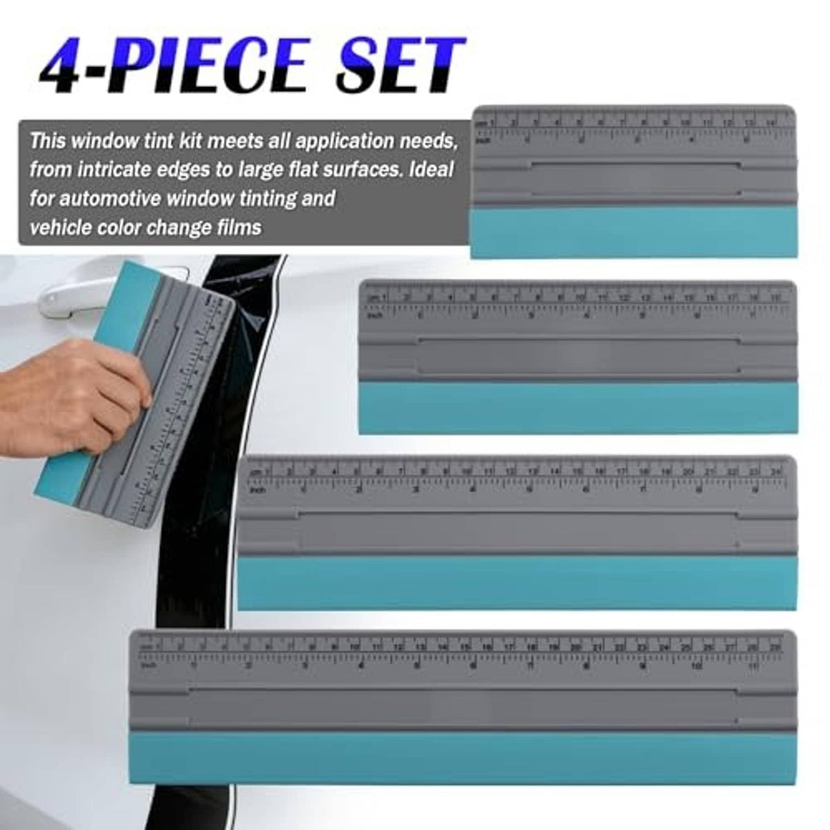 Four-piece window tint squeegee tool set, gray rulers with teal grips and soft blades