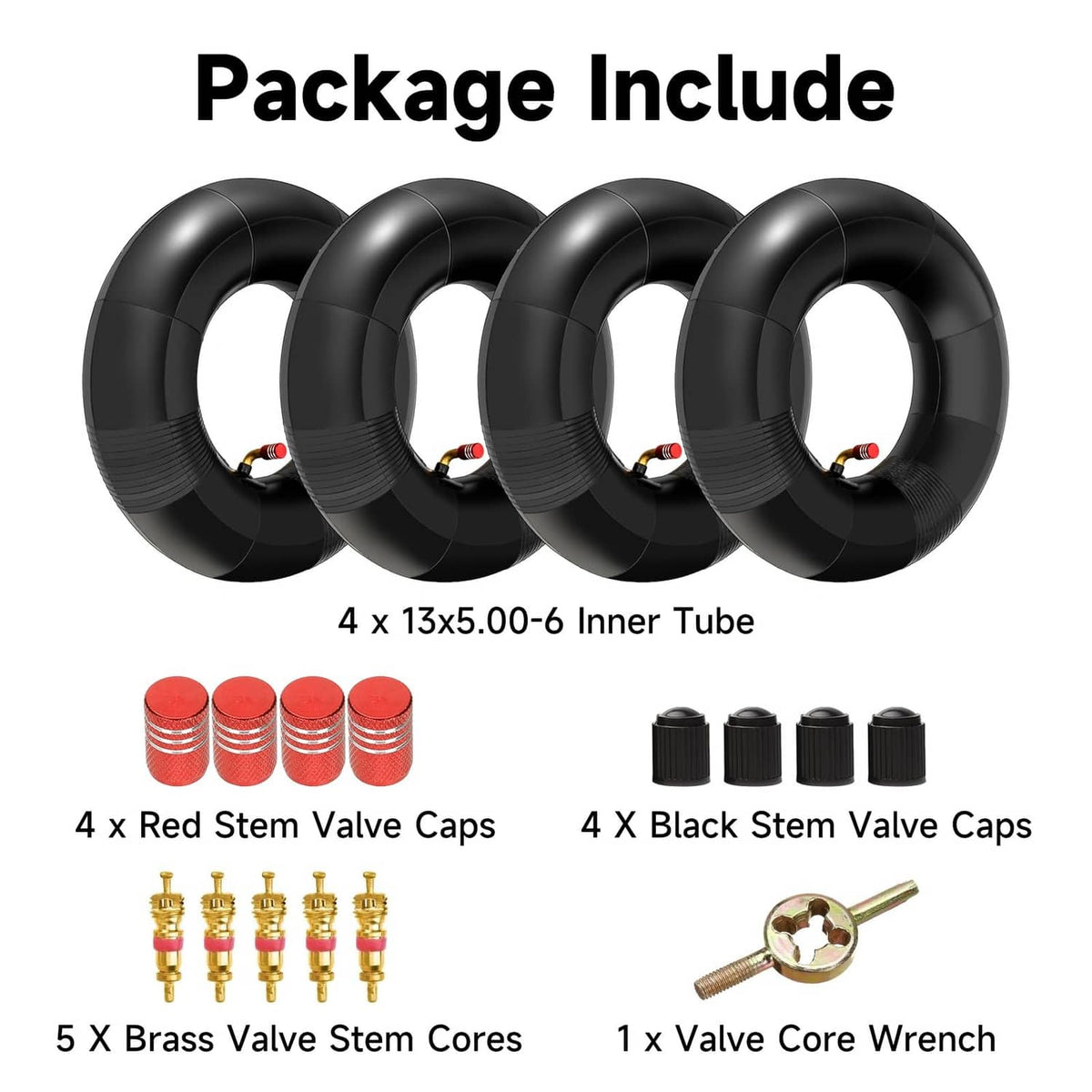 Package includes four black 13x5.00-6 inner tubes, valve caps, brass cores, wrench.