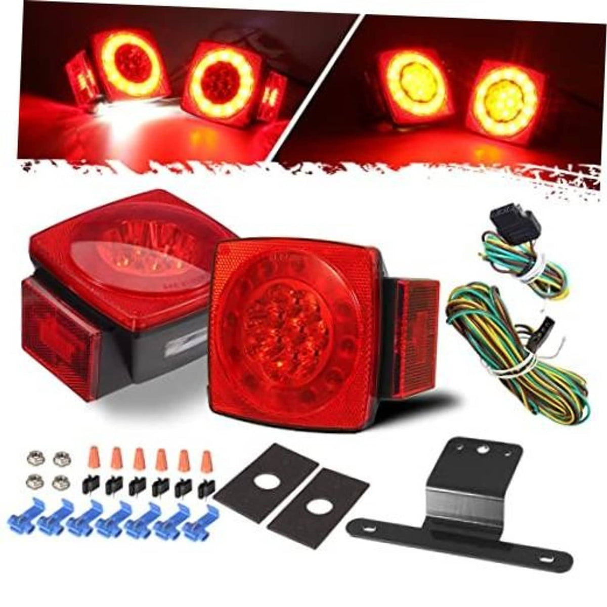 Square red LED trailer tail lights kit with two units and included wiring harness