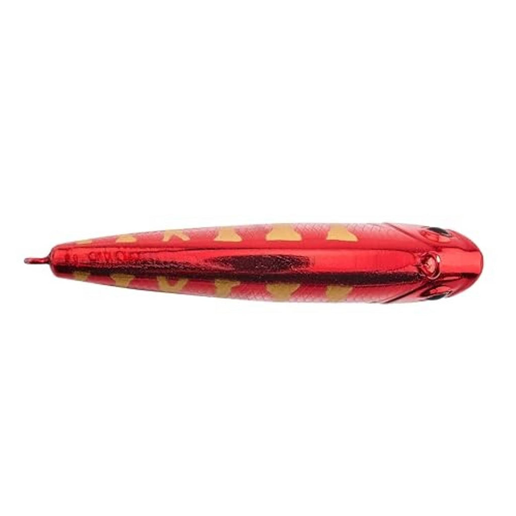 Red fishing lure with gold and black spots, top view of body and eye.