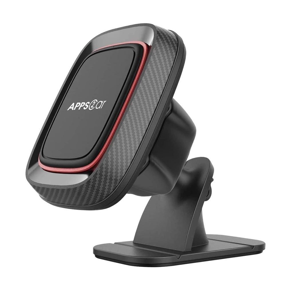 Black magnetic phone holder with carbon-fiber style face and dashboard stand