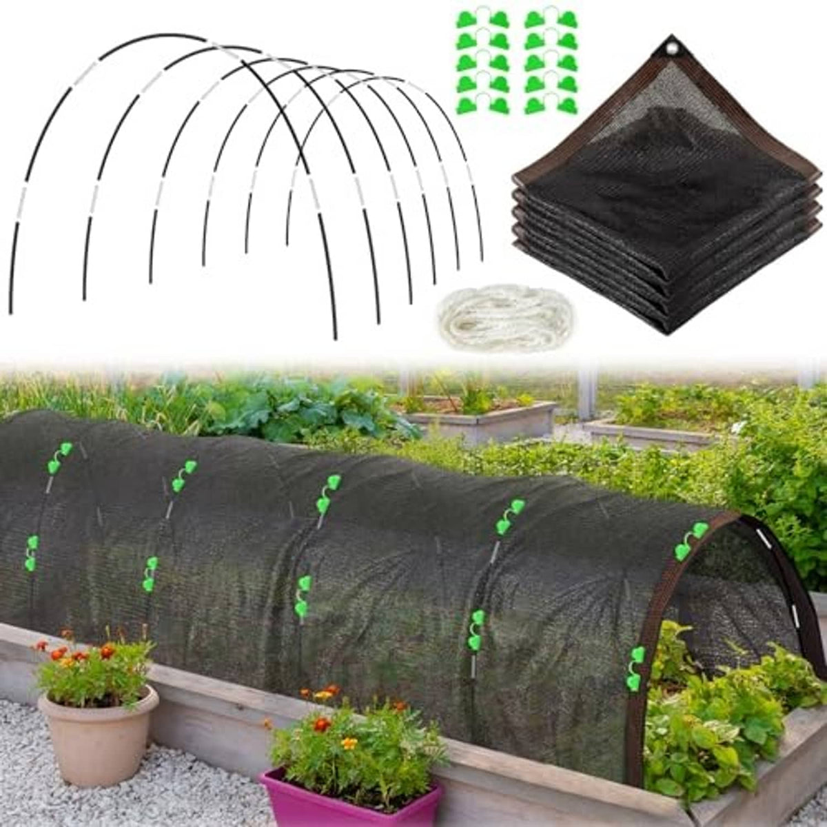 Black shade cloth tunnel with arched hoops and included ropes and clips for garden beds