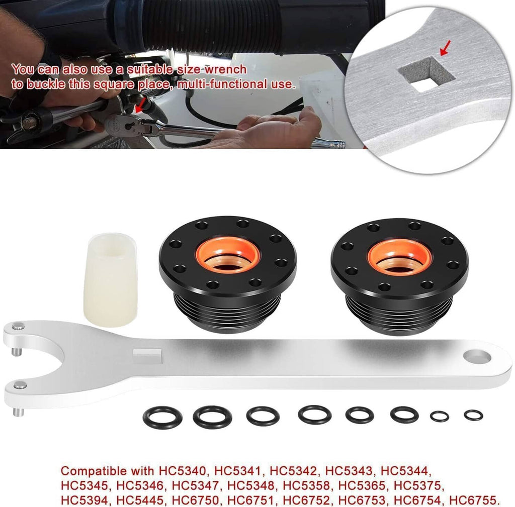 Hydraulic steering cylinder seal kit with two seal glands, guide tool, aluminum wrench and O-rings