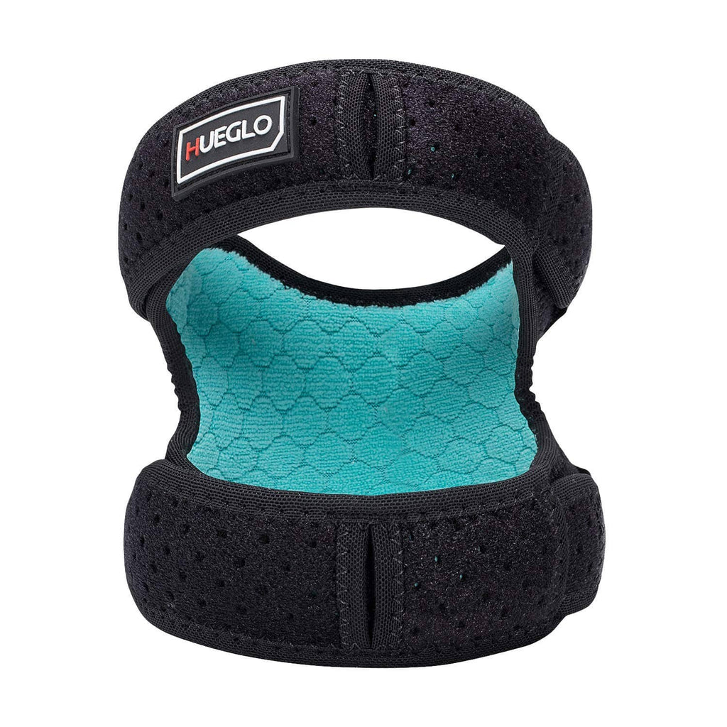 Black dual patella knee strap with teal inner support pad and hook-and-loop closure