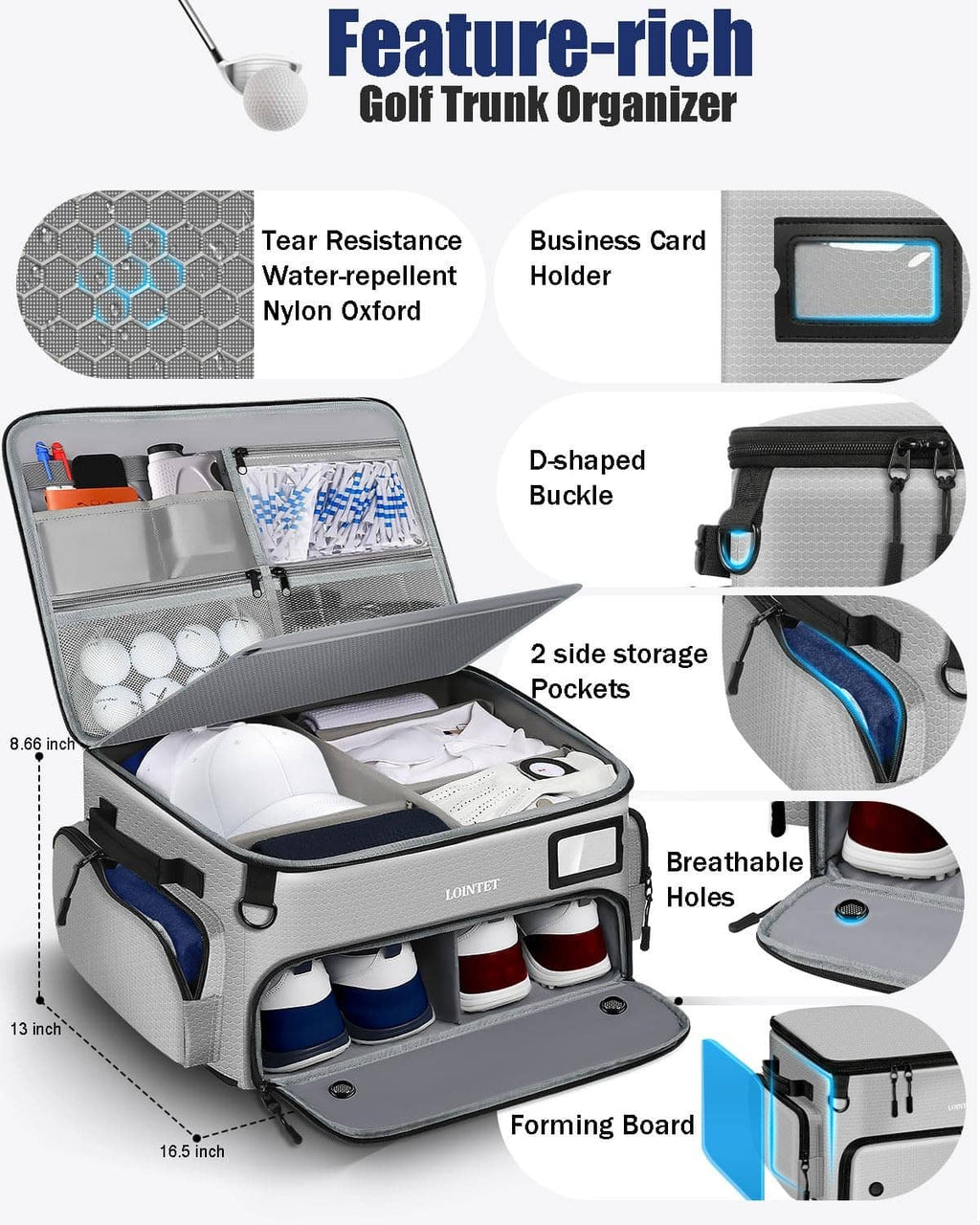 Gray waterproof golf trunk organizer with open lid, business card holder and side pockets